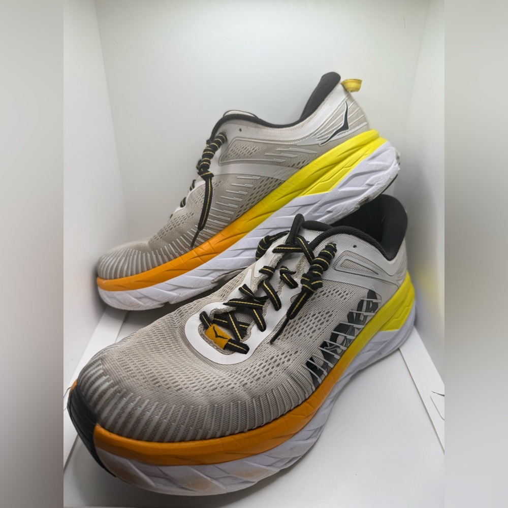 Hoka One One Bondi 7 Nimbus Cloud Gray Orange Yellow Mens 12 Running Shoes
